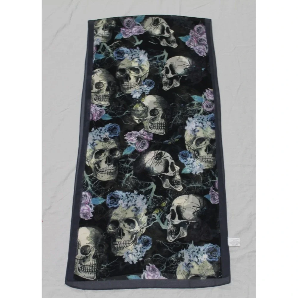 hildie & jo Floral Skull Scarf Gothic Halloween Gray Black Sheer Oblong 14x61
